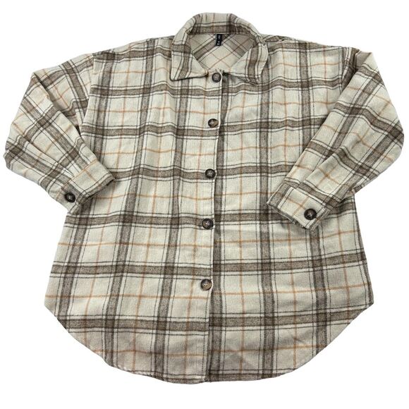 Zaful Jackets & Blazers - Zaful Womens Flannel/Fleece Button Up Shacket Jacket Sz 6 Tan Nude Plaid Neutral
